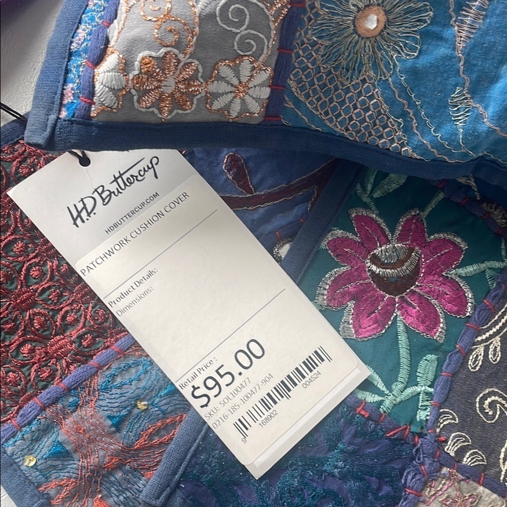 Handmade HD Buttercup Patchwork Embroidered Pillow Case - 16x16 - Picture 3 of 7